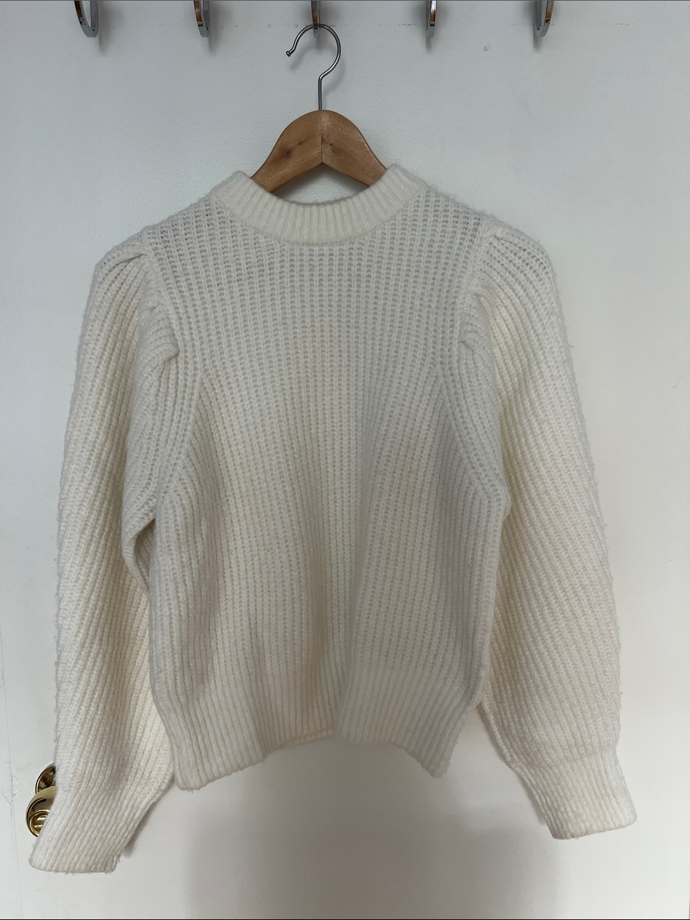 Cream Ribbed Knit Crewneck Sweater